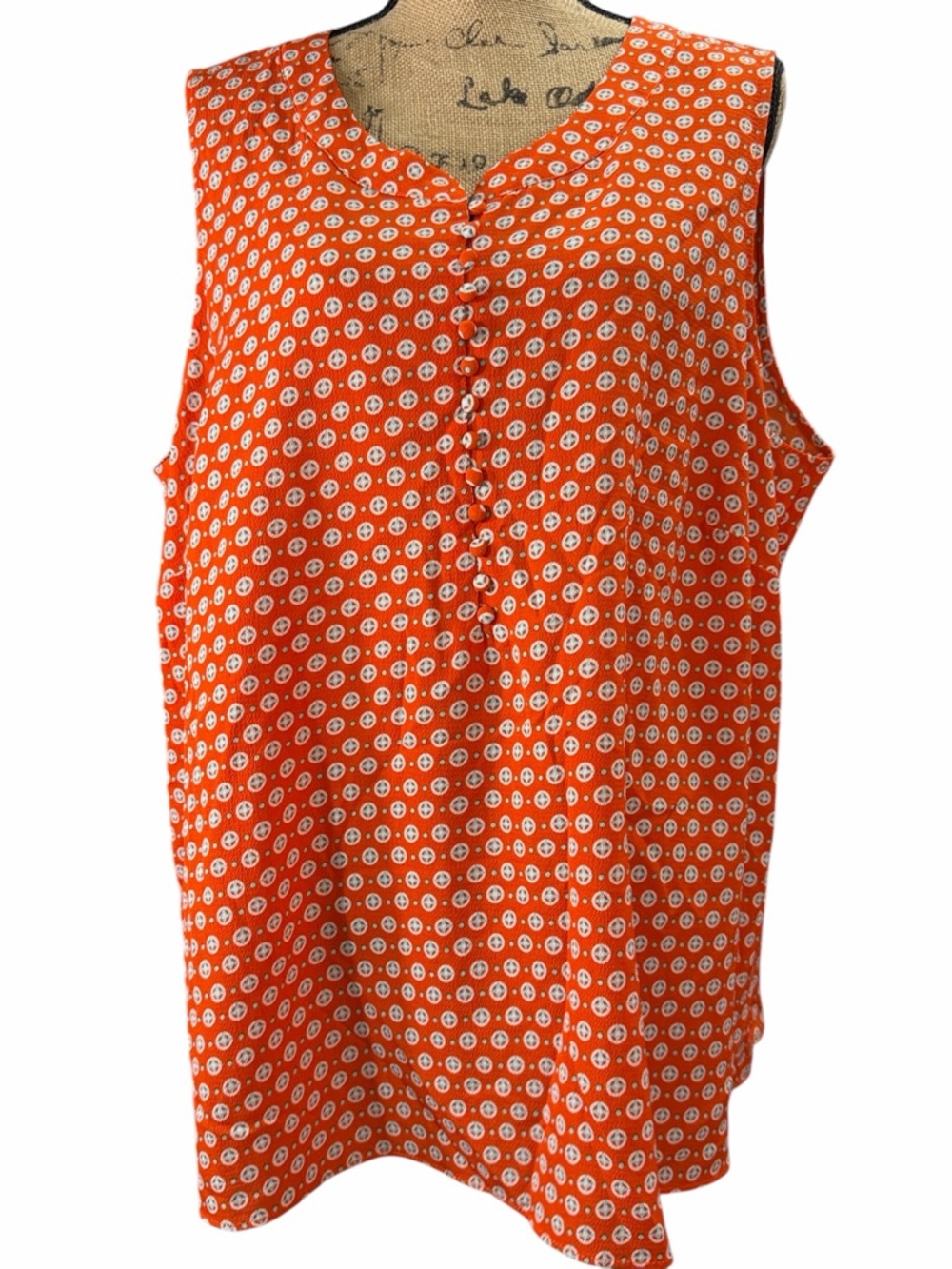 Rose & Olive Orange Blouse with Teal and White Motif. EC.  Size 2X